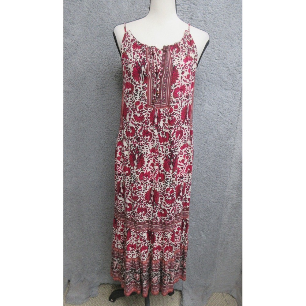Artisan NY Boho‎ Maxi Dress Womens 2 Red Floral Artisan Block Print Flowy Resort